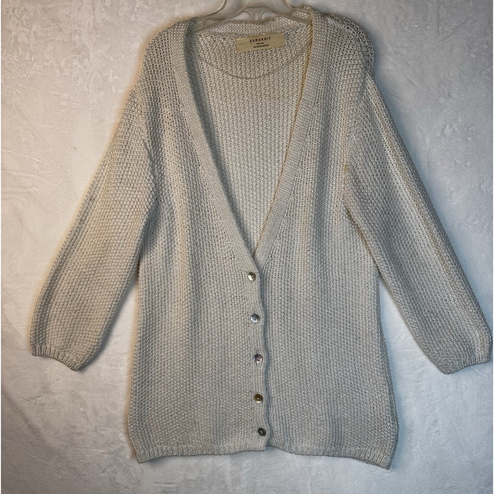 Zara Womens Button Up Knit Cardigan Sweater Beige Relaxed Fit Size Medium